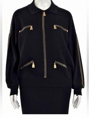 St. John Black Knit Top with Gold Tassel Zipper Size Small